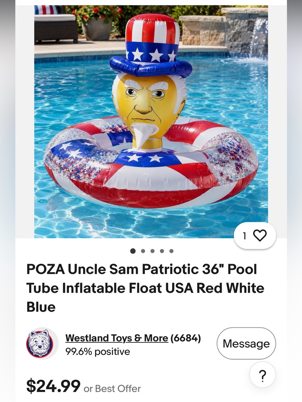 Uncle Sam Pool Float Tube - Red White Blue - For Kids & Adults - 6+ - Picture 6 of 6